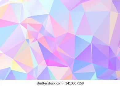 Low poly grid abstract holographic background with polygons, triangles. Holographic paper geometric pattern, tile backdrop. Fashion magazine cover background with neon metallic gradient hologram. 