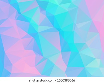 Low poly grid abstract holographic background with polygons, triangles. Holographic paper geometric pattern, tile backdrop. Fashion aqua menthe pink background with neon metallic gradient hologram.