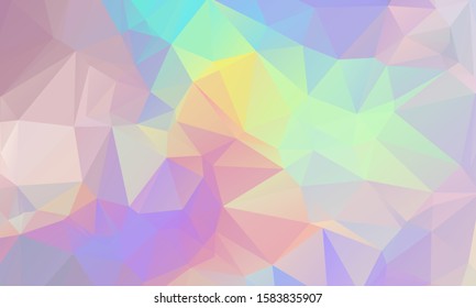 Low poly grid abstract holographic background with polygons, triangles. Holographic geometric pattern, tile backdrop. Fashion magazine cover background with neon metallic low poly gradient hologram.