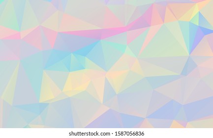 Low poly grid abstract holographic background with polygons, triangles. Holographic geometric pattern, tile backdrop. Fashion magazine cover background with neon metallic low poly gradient hologram.