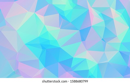 Low poly grid abstract holographic background with polygons, triangles. Holographic geometric pattern, tile backdrop. Fashion magazine cover background with neon metallic low poly gradient hologram.