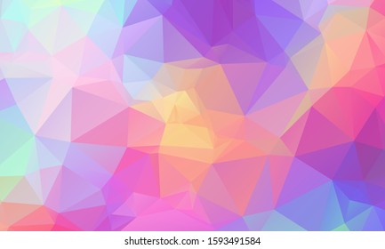 Low poly grid abstract holographic background with polygons, triangles. Holographic geometric pattern, tile backdrop. Fashion magazine cover background with neon metallic low poly gradient hologram.