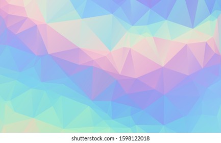 Low poly grid abstract holographic background with polygons, triangles. Holographic geometric pattern, tile backdrop. Fashion magazine cover background with neon metallic low poly gradient hologram.