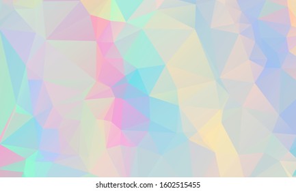 Low poly grid abstract holographic background with polygons, triangles. Holographic geometric pattern, tile backdrop. Fashion magazine cover background with neon metallic low poly gradient hologram.