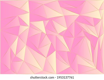 Fondo holográfico de la rejilla baja. Pancarta de oro rosa vectorial con polígonos, triángulos. Patrón geométrico del papel holográfico. Portada de la revista de moda con holograma de gradiente metálico neón. Baldosa moderna