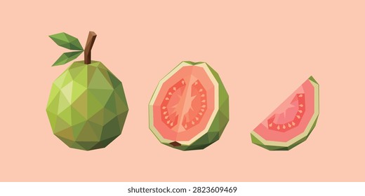 Low Poly Guava Collection Vector Set – Whole, Half and Slice Geometric Polygon Tropical Fruit Illustration