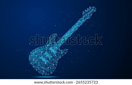Low poly guitar.A digital wireframe illustration of an electric guitar, composed of glowing blue lines and dots, forms a futuristic low-poly design on a dark blue background, classic guitar music .