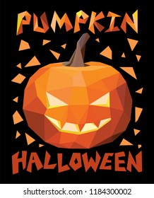 Low poly Halloween pumpkin on black background. Poligonal vector illustration.