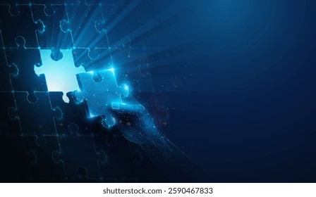 Low Poly Hand Completing Puzzle on the Side. Abstract geometric illustration depicting synergy partnership and business teamwork concept by wireframe mesh on blue background with copy space