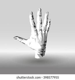 Low poly hand in gray tones on a gradient background.