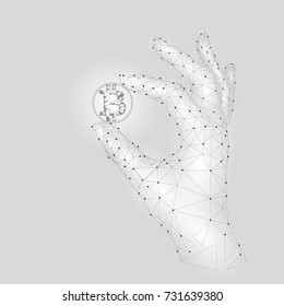 Low poly hand hold bitcoin carefully. Polygonal triangle connected dot point white gray cryptocurrency coin. Finance business offer gain blockchain profit concept vector illustration