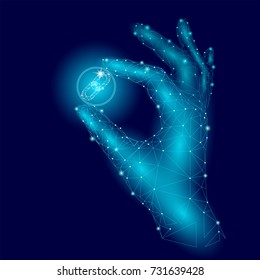 Low poly hand hold blockchain link symbol carefully. Polygonal triangle connected dot point blue cryptocurrency coin. Finance business offer gain profit concept vector illustration