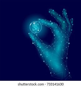 Low poly hand hold dollar coin carefully. Polygonal triangle connected dot point blue glow American currency coin. Finance business offer gain value profit concept vector illustration art