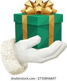 Baja mano de polietileno que sostiene la caja de regalo verde de la Navidad con la cinta y el arco dorados. Ilustración vectorial geométrica moderna del estilo del polígono, aislada en fondo transparente. Perfecto para las tarjetas de Navidad, año Nuevo