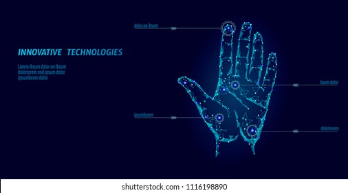 Low poly hand scan cyber security. Personal identification fingerprint handprint ID code. Information data safety access. Internet network futuristic biometrics technology identity verification vector