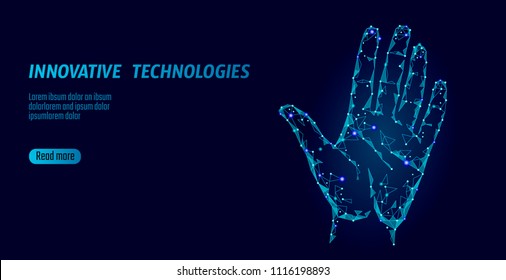 Low Poly Hand Scan Cyber Security. Personal Identification Fingerprint Handprint ID Code. Information Data Safety Access. Internet Network Futuristic Biometrics Technology Identity Verification Vector