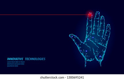 Low poly hand scan cyber security. Personal identification fingerprint handprint ID code. Information data safety access. Internet network futuristic biometrics technology identity verification vector