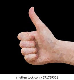 Low poly hand, thumb up gesture on black background.