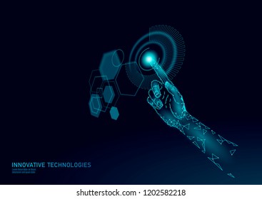 Low poly hand touch virtual HUD. User finger control display hologram. Innovative future modern technology polygonal panel futuristic design template background dark blue vector illustration