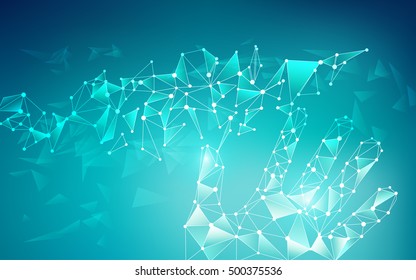 low poly hand touching abstract connected lines, concept of global network or communication world