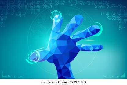 low poly hand touching digital technology interface; blue polygon hand in technological looks