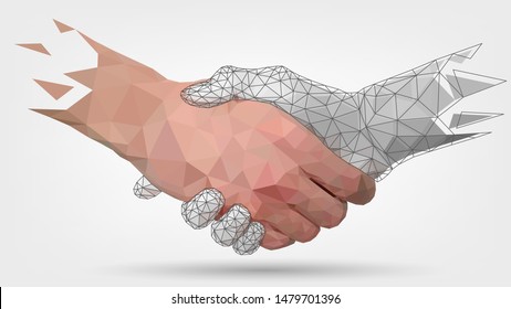 Low poly hands, handshaking, human and robot arm, automation, technology