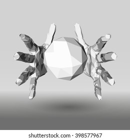 Low poly hands with the object in the gray tones on a gradient background.