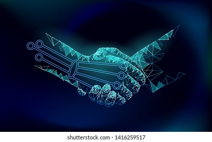 Low poly handshake future industrial revolution concept. AI artificial and human union. Online technology agreement industry management. 3D polygonal system vector illustration