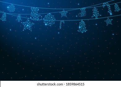 Low poly hanging Christmas decorations. Merry Christmas and New Year banner. Xmas balls made by polygonal wireframe mesh. Holiday background. Vector.