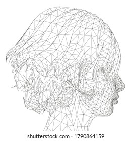 Low poly head wireframe of a girl with a short haircut. Side view. Vector illustration