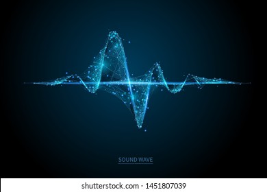 Low poly heart beat 3D wave on dark background. Abstract heartbeat or cardiogram in form of line, dot and polygon. Digital music sound vector network. Futuristic wireframe curve of cardiology rhythm.