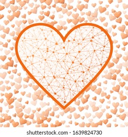 Low Poly Heart. Geometric heart mesh in orange color shades, orange connections. Appealing network style vector illustration.