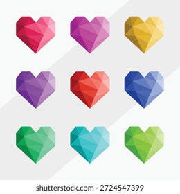Low Poly Heart Icon Set with Colorful Geometric Diamond Texture for Valentine’s Day and UI Design