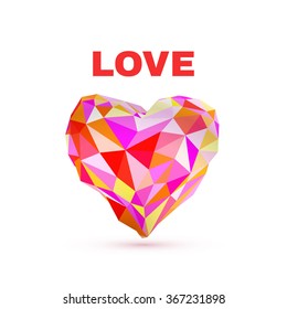 Low poly heart isolated on white background. Geometric rumpled triangular low poly origami style gradient graphic illustration. Vector polygonal design for your business.