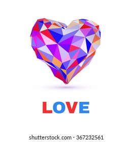 Low poly heart isolated on white background. Geometric rumpled triangular low poly origami style gradient graphic illustration. Vector polygonal design for your business.