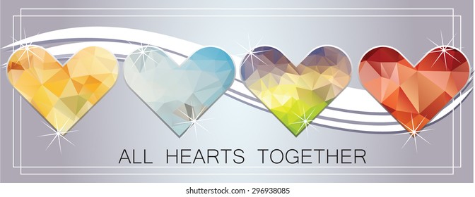 Low poly heart, polygonal abstract  card with heart, swirls and text.