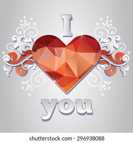 Low poly heart, polygonal abstract  card with heart, swirls and text.
