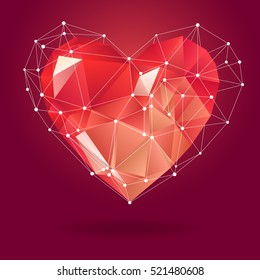 Low poly heart with white molecule structure. Vector Illustration. Abstract polygonal heart. Love symbol. Romantic background for Valentines day. Red origami.