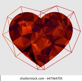 Low poly heart with white molecule structure. Vector Illustration. Abstract polygonal heart. Love symbol. 