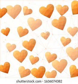 Low poly hearts confetti. Polygonal hearts in yellow orange brown colors. Artistic digital design. Superb vector illustration.