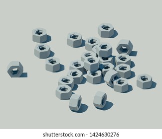 Low poly hex nuts vector illustration. Isometric illustration of a hex nuts.