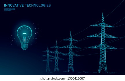 Low poly high voltage power line idea bulb. Electricity supply industry pylons outlines on dark night blue sky. Innovation electrical technology solution banner template vector illustration