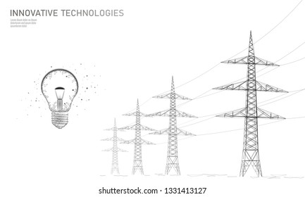 Low poly high voltage power line idea bulb. Electricity supply industry pylons outlines black white. Innovation electrical technology solution banner template vector illustration
