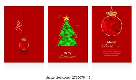 Low Poly Holiday Greeting Card with Red Background and Christmas Ornaments