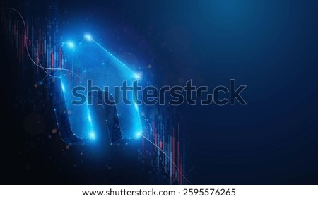 Low Poly Home Over Stock Market Crash Chart. Abstract geometric illustration on house, residence, property, real estate market evaluation financial concept by wireframe mesh on blue background