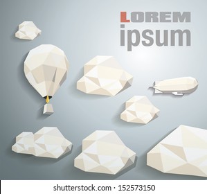 Low poly hot air balloon  in the sky with clouds. vector illustration