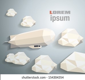 Low poly hot air balloon  in the sky with clouds. vector illustration