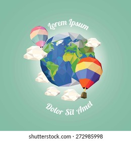 Low poly hot air balloon near earth with clouds. vector illustration