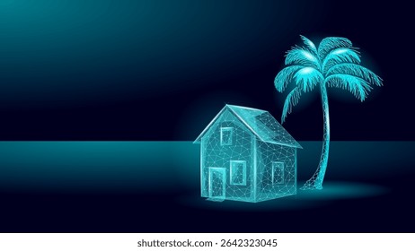 Low poly house palm tree design. Polygonal residence tropical plant low-poly style. Real estate travel holiday vacation rental. Teal blue gradient background vector