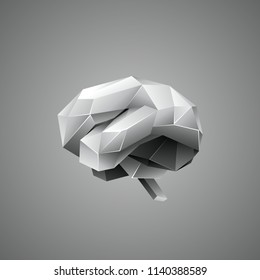 Low poly human brain on a gray background. Abstract anatomy organ. Brain in vector 3D polygon style.